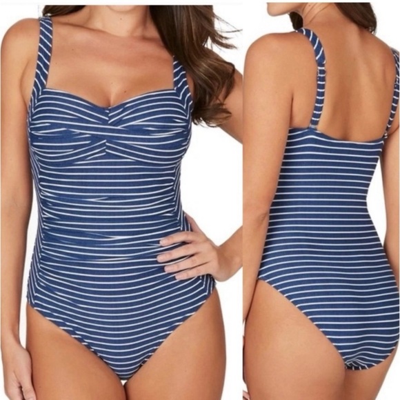 NipTuck Other - NIPTUCK Swimsuit Navy Stripe 6 Slimming Ruched Small Nautical Coastal